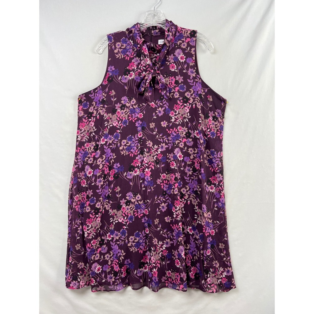 Calvin Klein Floral Shift Dress Womens 14 Purple Tie Neck Sleeveless Georgette